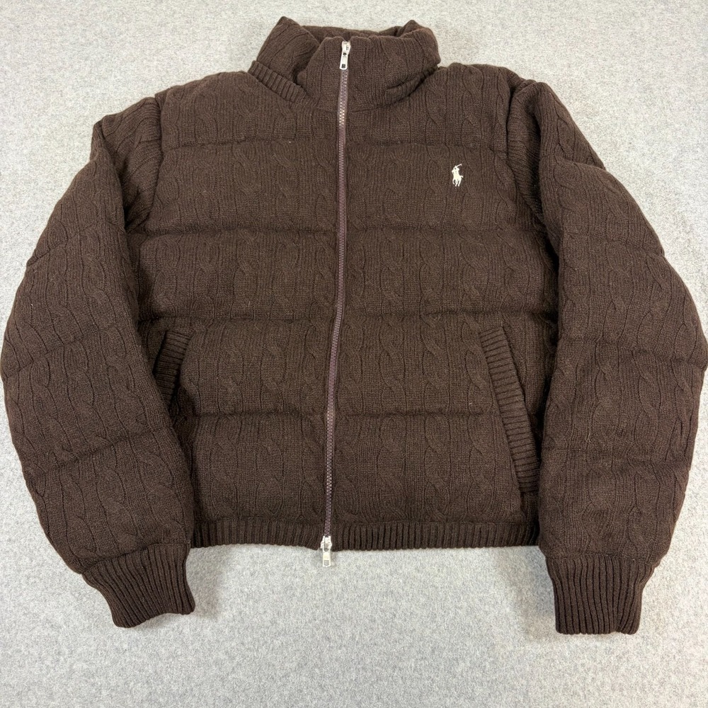 Polo Ralph Lauren Jacket Women Large Brown Cable Knit Wool Cashmere Down Puffer